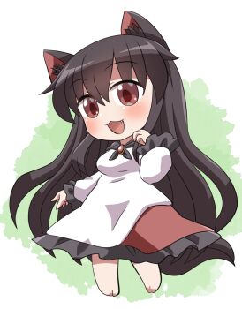 1girl :3 :d animal_ear_fluff animal_ears barefoot black_hair blush brooch chibi chibi_only commentary_request dress fang frilled_dress frilled_sleeves frills full_body green_background hair_between_eyes hand_up highres imaizumi_kagerou jewelry long_hair long_sleeves open_mouth red_dress red_eyes rokugou_daisuke smile solo standing tail touhou two-tone_dress very_long_hair white_dress wolf_ears wolf_girl wolf_tail