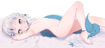 1girl :o absurdres anklet arched_back arm_pillow armpits bed_sheet blue_eyes blue_hair blue_shorts bow_legwear braid completely_nude feet female_focus fins fish_hair_ornament fish_tail flat_chest foot_out_of_frame gawr_gura hair_ornament highres hololive hololive_english jewelry knee_up legs light_blush loli looking_at_viewer lucasyecla99 lying medium_hair multicolored_hair nipples nude on_back on_bed open_mouth shark_girl shark_hair_ornament shark_tail shorts side_braid simple_background single_braid socks solo streaked_hair tail toenails toes unworn_socks virtual_youtuber white_background white_hair