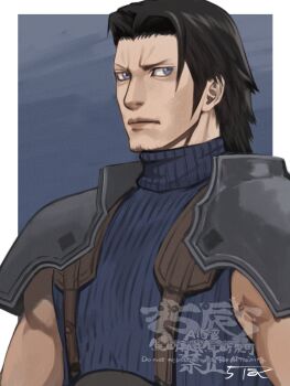 1boy 5tatsu angeal_hewley armor artist_name beard black_hair blue_shirt border chinstrap_beard crisis_core:_final_fantasy_vii facial_hair final_fantasy final_fantasy_vii furrowed_brow grey_background grey_eyes highres male_focus medium_hair pauldrons shirt shoulder_armor sideburns single_pauldron sleeveless sleeveless_turtleneck solo suspenders turtleneck white_border