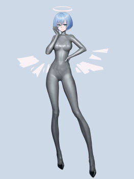 1girl absurdres arknights blue_background blue_hair bodysuit breasts crotch_zipper fridgephone full_body green_eyes grey_bodysuit halo hand_on_own_hip high_heels highres latex latex_bodysuit looking_at_viewer medium_breasts shiny_clothes short_hair skin_tight smile solo spuria_(arknights) standing