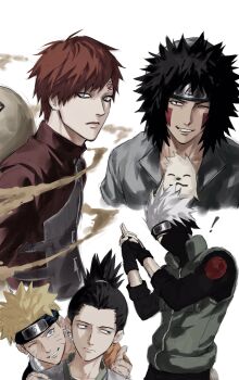5boys aqua_eyes black_hair black_shirt covered_mouth gaara_(naruto) green_vest grin hatake_kakashi highres inuzuka_kiba looking_to_the_side multiple_boys nara_shikamaru naruto_(classic) naruto_(series) red_hair shirt short_hair smile spiked_hair sso_s teeth upper_body uzumaki_naruto vest white_background white_hair
