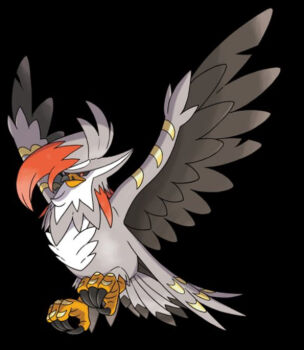 beak bird black_background black_sclera colored_sclera gen_4_pokemon grey_feathers highres long_bangs mega_pokemon mega_staraptor multicolored_hair nintendo non-web_source official_art orange_streaks pokemon pokemon_(creature) pokemon_legends:_z-a red_eyes staraptor streaked_hair talons v-shaped_eyes yellow_trim