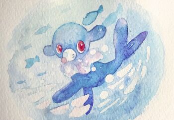 Rule 34 | blue background, bright pupils, commentary request, fish, full body, gen 7 pokemon, highres, looking at viewer, mint nappa, nintendo, no humans, painting (medium), pokemon, pokemon (creature), popplio, red eyes, seal (animal), solo, traditional media, watercolor (medium), white pupils