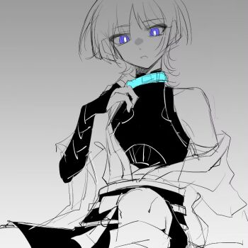 1boy arm_at_side armor belt blunt_ends bodysuit bow bridal_gauntlets bright_pupils collar furisode genshin_impact grey_background greyscale hand_up japanese_armor japanese_clothes kimono kote looking_down male_focus middle_ring mohu_116 monochrome open_clothes open_kimono open_mouth parted_bangs purple_eyes rope sash scaramouche_(genshin_impact) short_sleeves shorts single_bare_shoulder single_off_shoulder sketch solo spot_color wanderer_(genshin_impact) white_pupils
