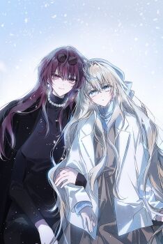 2girls ahoge arm_hug artist_self-insert black_pants black_shirt blonde_hair blue_background blue_eyes blue_sweater brown_dress closed_mouth coat collared_coat commission couple dress eyewear_on_head hair_between_eyes hair_intakes hat head_tilt heads_together highres honkai:_star_rail honkai_(series) huge_ahoge jewelry kafka_(honkai:_star_rail) leaning_on_person leaning_to_the_side light_smile long_dress long_hair long_sleeves looking_at_viewer m1z1xk multiple_girls necklace oc_x_canon open_clothes open_coat original outdoors pants pearl_necklace pink_lips purple_eyes purple_hair round_eyewear second-party_source shirt snow snowing sunglasses sweater white_coat winter winter_clothes yuri
