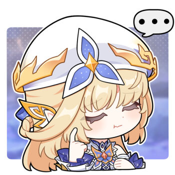 ... 1girl :t beret blonde_hair braid chibi chibi_only closed_eyes closed_mouth commentary_request detached_sleeves dot_nose dress facial_mark forehead_mark frilled_sleeves frills genshin_impact hand_up hat index_finger_raised jiu_fanglianhua long_hair nicole_reeyn pointy_ears solo spoken_ellipsis upper_body white_dress white_hat