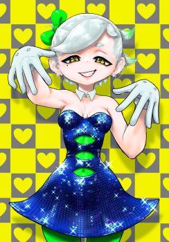 1girl blue_dress bow breasts checkered_background cleavage collarbone colored_tips cowboy_shot detached_collar dot_nose dress earrings fang gloves green_bodystocking green_bow green_hair grin hair_bow hands_up heart heart_background highres humanization jewelry koharu2.5 limp_wrist looking_at_viewer marie_(splatoon) medium_breasts mole mole_under_eye multicolored_hair nintendo pearl_earrings reaching reaching_towards_viewer sequins short_hair smile solo sparkle sparkling_clothes splatoon_(series) strapless strapless_dress stud_earrings swept_bangs white_gloves white_hair wide_hips yellow_background yellow_eyes