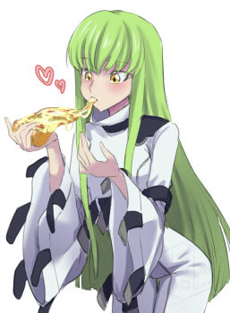 1girl blush bodysuit c.c. code_geass eating food green_hair hands_up heart holding holding_food holding_pizza karakr_shin looking_at_food pizza simple_background solo white_background white_bodysuit wide_sleeves yellow_eyes