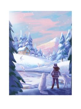 Rule 34 | 1girl, beanie, black boots, boots, border, commissioner insert, day, dog, footprints, forest, from behind, frozen lake, full body, hands on own hips, hat, hill, house, mittens, mountainous horizon, multiple dogs, nature, original, outdoors, pom pom (clothes), pom pom beanie, scenery, shadow, snow, snowing, stacyplays, standing, tree, white border, white wolf, winter, wolf, youtube, zandra