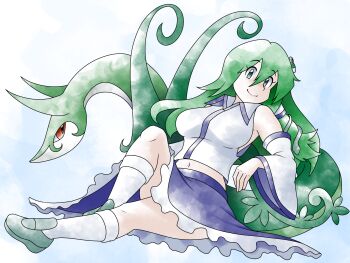1girl blue_background blue_skirt blue_trim breasts closed_mouth color_connection commentary detached_sleeves double-parted_bangs english_commentary frilled_skirt frills frog_hair_ornament from_side gen_5_pokemon greatmothsucks green_eyes green_hair green_shoes hair_between_eyes hair_ornament hair_tubes highres kneehighs kochiya_sanae large_breasts long_hair long_sleeves midriff_peek navel nintendo pokemon reclining red_eyes serperior shirt shoes single_hair_tube sitting_on_animal skirt smile snake snake_hair_ornament socks sugimori_ken_(style) touhou trait_connection white_shirt white_socks wide_sleeves