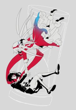 2girls aaniko alternate_color apron black_hair blue_dress blue_ribbon boots closed_mouth commentary_request detached_wings dress empty_eyes expressionless falling floating_scarf fringe_trim full_body gradient_clothes gradient_dress gradient_ribbon grey_background hair_ornament hairband hairclip highres holding_another&#039;s_wrist hourglass kagerou_project kneehighs kozakura_marry long_hair looking_at_another looking_at_viewer multiple_girls neckerchief parted_lips pleated_skirt red_dress red_eyes red_hairband red_ribbon red_scarf ribbon scales scarf school_uniform serafuku shirt shoes short_hair simple_background skirt sleeve_cuffs socks spot_color tateyama_ayano three-quarter_sleeves white_hair wings