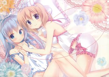 Rule 34 | 2girls, absurdres, artist collaboration, ass, babydoll, bare shoulders, bed sheet, blue eyes, blue hair, blush, bottomless, breasts, brown hair, chemise, closed mouth, fingernails, flower, frilled pillow, frills, gochuumon wa usagi desu ka?, groin, hairband, highres, holding hands, hoto cocoa, huge filesize, kafuu chino, korie riko, lingerie, long hair, looking at viewer, lying, medium breasts, mitsumomo mamu, multiple girls, no panties, on bed, on side, pillow, purple eyes, red ribbon, ribbon, ribbon-trimmed underwear, ribbon trim, scan, short hair, small breasts, smile, strap slip, string, string of fate, striped clothes, striped hairband, underwear, underwear only, white babydoll
