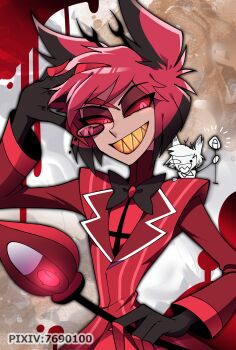 1boy :d alastor_(hazbin_hotel) animal_ears antenna_hair antlers arm_up black_bow black_bowtie black_gloves black_hair blood bob_cut bow bowtie brooch brown_eyeshadow chibi_on_shoulder coat colored_sclera colored_teeth colored_tips commentary_request deer_antlers deer_boy deer_ears fewer_digits fingerless_gloves flying_sweatdrops gloves glowing glowing_eyes grin hair_between_eyes hand_on_own_forehead hazbin_hotel hellaverse highres holding holding_staff horns inverted_bob jewelry lapels long_sleeves looking_at_viewer male_focus menattou monocle multicolored_hair open_mouth pixiv_id red_coat red_eyes red_hair red_sclera red_shirt sharp_teeth shirt short_hair simple_background smile solo staff striped_coat teeth traditional_bowtie turtleneck turtleneck_shirt two-tone_hair upper_body v-shaped_eyebrows vertical-striped_coat white_background yellow_teeth