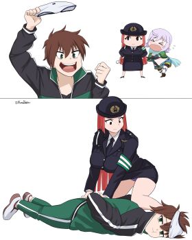 1boy 2girls :t absurdres aki-chan_(dismaiden) all_fours armband arrest artist_name belt black_footwear black_jacket black_skirt blunt_ends blush bow bow_panties breast_pocket brown_hair chibi chris_(konosuba) clothes_theft collared_shirt commentary dismaiden dress_shirt english_commentary flying_teardrops green_eyes hair_between_eyes hat high_heels highres holding holding_panties holding_underwear holding_unworn_clothes jacket kono_subarashii_sekai_ni_shukufuku_wo! long_hair looking_at_another lying multiple_girls necktie nose_blush object_on_head on_stomach open_mouth panties panties_on_head pocket police police_hat police_uniform policewoman pout purple_panties red_hair satou_kazuma shirt shorts skirt teeth theft thighhighs thighs underwear underwear_on_head underwear_theft upper_teeth_only v-shaped_eyebrows very_long_hair white_footwear white_panties white_shirt