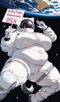1girl absurdres animal_ears artist_name belka_dog black_background boots breasts cameltoe commentary covered_navel earth_(planet) english_commentary english_text fake_animal_ears fat fat_woman floating gloves grey_tail helmet highres holding holding_sign huge_breasts long_sleeves multicolored_gloves original pawpads planet purple_gloves sidelighting sign solo spacesuit star_(sky) starry_sky_background thick_thighs thigh_strap thighs white_boots white_gloves