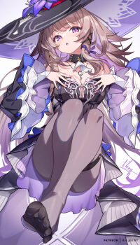 1girl ascot bare_shoulders black_dress black_hat blush breasts cleavage commentary_request detached_collar detached_sleeves dress feet flower grey_hair grey_pantyhose hat hat_flower herta_(honkai:_star_rail) highres hong_(white_spider) honkai:_star_rail honkai_(series) jewelry key key_necklace long_hair looking_at_viewer medium_breasts necklace open_mouth pantyhose purple_eyes purple_skirt sidelocks skirt smile solo the_herta_(honkai:_star_rail) variant_set witch_hat