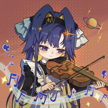 1girl absurdres apron black_dress blonde_hair blue_eyes blue_hair chibi dizhu dress hair_intakes highres instrument juliet_sleeves long_hair long_sleeves music playing_instrument puffy_sleeves reverse:1999 saturn_(planet) school_uniform sidelocks soviet_school_uniform sparkle very_long_hair violin voyager_(reverse:1999) water white_apron