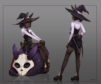 1girl animal animal_ears artist_name belt black_hat black_necktie black_shorts brown_belt brown_hair brown_thighhighs closed_mouth collared_shirt creature d-rex dark-skinned_female dark_skin frown gradient_background grey_background hat highres long_sleeves multiple_views necktie original ponytail rabbit_ears rabbit_girl rabbit_tail shirt shorts sitting standing tail thighhighs white_shirt witch_hat