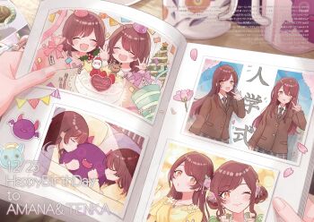 2girls absurdres aged_down anam95 birthday birthday_cake birthday_party blazer blush cake character_doll cherry_blossoms closed_eyes closed_mouth collared_shirt commentary_request confetti debi_tarou diagonal-striped_clothes diagonal-striped_necktie doll double_bun dress entrance_ceremony falling_petals food from_above fruit green_dress hair_bun hat highres hugging_doll hugging_object idolmaster idolmaster_shiny_colors jacket jewelry long_hair long_sleeves looking_at_viewer lying multiple_girls necklace necktie official_alternate_costume official_alternate_hairstyle on_side one_eye_closed open_mouth osaki_amana osaki_tenka outdoors pajamas party_hat party_popper petals photo_album pink_petals red_hair reindeer santa_claus school_uniform shirt siblings sign sisters sleeping smile standing strawberry streamers striped_clothes striped_necktie stuffed_toy swept_bangs third-party_source twins v white_shirt yellow_dress yellow_eyes