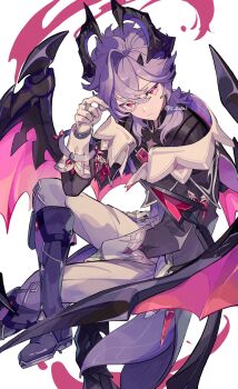 1boy boots c_cutai closed_mouth commentary_request dragon_boy dragon_horns dragon_tail dragon_wings genshin_impact gloves highres horns mini_durin_(genshin_impact) mini_durin_(human)_(genshin_impact) solo tail watermark white_background white_gloves wings