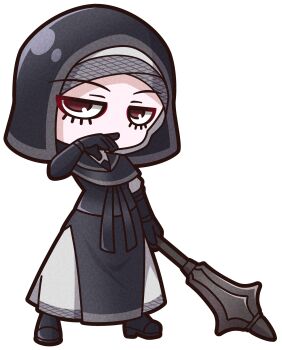 Rule 34 | 1girl, absurdres, black boots, black dress, black gloves, boots, brown eyes, chibi, commentary request, dress, elden ring, elden ring nightreign, full body, gloves, hand to own mouth, hand up, highres, holding, holding weapon, looking at viewer, mace, saishosaisekojo, simple background, solo, standing, undertaker (elden ring), weapon, white background