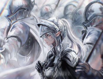 1girl 6+others armor blue_eyes breastplate helmet high_ponytail highres holding holding_sword holding_weapon illithii knight long_hair multiple_others people pointy_ears ponytail serious shoulder_armor solo_focus sword tessia_eralith the_beginning_after_the_end upper_body weapon white_hair