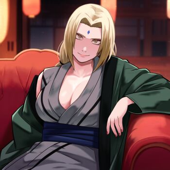 1girl blonde_hair blurry blurry_background breasts cleavage couch eyelashes facial_mark forehead_mark green_jacket highres jacket japanese_clothes large_breasts long_sleeves looking_at_viewer naruto_(series) on_couch open_clothes open_jacket sameccor sitting smile solo tsunade_(naruto) yellow_eyes