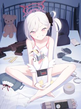 1girl absurdres alternate_costume ammunition armpit_crease bare_legs barefoot belt black_belt blue_archive blue_bow blush bomb bow bracelet c4 cartridge collarbone commentary_request cuffs duct_tape dynamite explosive eyelashes feet flat_chest frilled_shirt frills full_body grenade grey_hair gun h&amp;k_mg5 hair_ornament hair_scrunchie halo handcuffs highres holding indian_style indoors jewelry knees_apart_feet_together legs light_machine_gun long_hair looking_at_viewer machine_gun mk_2_grenade mutsuki_(blue_archive) on_bed parted_bangs peroro_(blue_archive) pillow pink_eyes pink_halo red_ribbon ribbon rifle_cartridge scrunchie shadow shirt side_ponytail sitting smile solo stick_grenade stuffed_animal stuffed_toy tank_top teddy_bear time_bomb tkmrrr9 toes tongue tongue_out unworn_shirt very_long_hair weapon white_tank_top