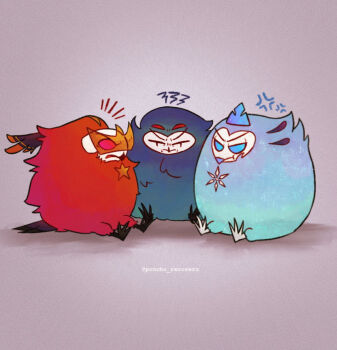 3boys andrealphus_(helluva_boss) bird bird_boy blue_eyes blue_feathers demon_boy extra_eyes feathers grey_feathers hellaverse helluva_boss highres multiple_boys owl owl_boy red_eyes red_feathers rzps3455 sitting stolas_(helluva_boss) vassago_(helluva_boss)