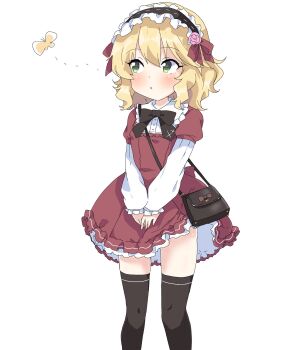 1girl :o bag black_bow black_socks blonde_hair blush bow bug butterfly dress feet_out_of_frame green_eyes hat highres idolmaster idolmaster_cinderella_girls idolmaster_cinderella_girls_u149 insect red_dress remiri_nicoeli sakurai_momoka short_hair simple_background socks solo standing white_background