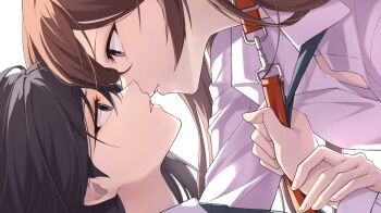 2girls black_eyes black_hair black_necktie brown_hair close-up clothes_grab collar collared_shirt commentary dress_shirt eye_contact highres holding holding_leash imminent_kiss kyo6159 leash long_hair looking_at_another miyagi_shiori multiple_girls necktie necktie_grab neckwear_grab purple_eyes red_collar sendai_hazuki shirt shuuniichido_classmate_wo_kau_hanashi simple_background symbol-only_commentary white_background white_shirt yuri