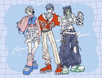 Rule 34 | 3boys, alternate costume, arm up, beanie, black hair, blonde hair, blowing bubble gum, blue bow, blue hair, blue pants, blue shoes, bow, chewing gum, closed mouth, clothing cutout, collar, crop top, frilled collar, frilled jacket, frills, full body, hair between eyes, hat, hibachi mana, highres, holding, holding phone, inami rai, jacket, koyanagi rou, leg belt, leg cutout, leg warmers, looking at viewer, male focus, multicolored hair, multiple boys, nijisanji, one eye closed, pants, phone, pink jacket, pink leg warmers, plaid clothes, plaid hat, plaid jacket, red jacket, red shoes, shin en nozoku, shoes, short hair, smile, sneakers, two-tone hair, v, virtual youtuber, yellow pants