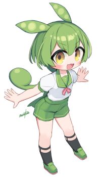 Rule 34 | 1girl, black socks, commentary request, full body, green footwear, green hair, green shorts, highres, long hair, looking at viewer, nanatsuta, open mouth, shirt, shorts, simple background, socks, solo, voiceroid, voicevox, white background, white shirt, yellow eyes, zundamon