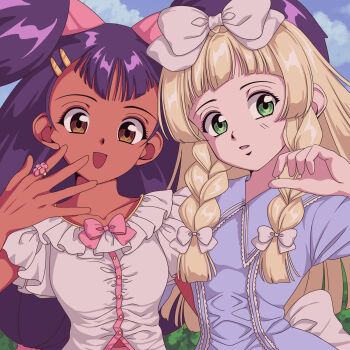 Rule 34 | 2girls, blonde hair, braid, candiirabbitart, commission, dark-skinned female, dark skin, frilled shirt collar, frills, green eyes, hair ornament, hairclip, highres, iris (pokemon), jewelry, lillie (pokemon), looking at viewer, multiple girls, nintendo, pajamas, parted lips, pokemon, pokemon bw, pokemon sm, purple hair, ring, twin braids