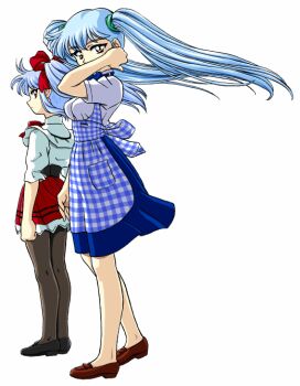 Rule 34 | 2girls, age comparison, apron, arm up, bandabekken, black shoes, blue apron, blue bow, blue bowtie, blue hair, bow, bowtie, breasts, bronze parrot, brown eyes, brown shoes, closed mouth, cummerbund, dual persona, floating hair, frilled shirt, frills, from side, gingham apron, gingham clothes, hair bow, hand on own head, hoshino ruri, hoshino ruri (captain), kidou senkan nadesico, kidou senkan nadesico - prince of darkness, kobeya uniform, loafers, long hair, looking at viewer, looking back, medium breasts, multiple girls, pantyhose, pleated skirt, red bow, red skirt, shirt, shoes, simple background, skirt, standing, time paradox, waitress, white background, white shirt