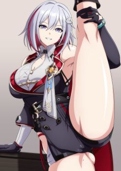 1girl belt belt_buckle black_belt black_gloves black_unitard blue_eyes breasts buckle cameltoe cleavage cleavage_cutout clothing_cutout detached_sleeves gloves grey_hair grin hair_ornament hairclip highres honkai:_star_rail honkai_(series) large_breasts looking_at_viewer makiri_akira medium_hair mole mole_on_thigh multicolored_hair parted_lips red_hair smile solo split split-color_hair standing standing_on_one_leg standing_split streaked_hair thick_thighs thighs topaz_(honkai:_star_rail) two-tone_hair unitard