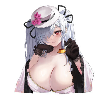 Rule 34 | 1girl, absurdres, black gloves, blush, breasts, cinderella (nikke), cleavage, collarbone, commentary, dessert, floral print, floral print kimono, flower, food, gloves, goddess of victory: nikke, grey hair, hair between eyes, hair over one eye, hat, hat flower, highres, holding, holding spoon, japanese clothes, kimono, lace, lace-trimmed gloves, lace trim, large breasts, le b2772, long hair, looking at viewer, official alternate costume, parted lips, pink flower, print kimono, pudding, red eyes, ringed eyes, sidelocks, simple background, smile, solo, spoon, teeth, twintails, upper body, white background, white hat, white kimono