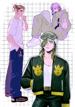 1boy arven_(pokemon) babuda belt_buckle biker_clothes black_jacket blonde_hair blue_eyes brown_hair buckle character_charm charm_(object) checkered_background commentary_request cowboy_shot full_body goggles goggles_on_headwear hair_between_eyes hair_bun hand_in_pocket hand_up helmet highres jacket long_hair long_sideburns long_sleeves looking_at_viewer mabosstiff male_focus maschiff motorcycle_helmet multicolored_hair multiple_views nintendo open_clothes open_jacket oversized_clothes pectoral_cleavage pectorals pokemon pokemon_sv shirt sideburns smile solo standing t-shirt two-tone_hair waving white_shirt winter_clothes