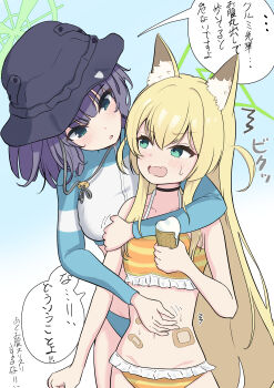 2girls ^^^ absurdres alternate_costume animal_ear_fluff animal_ears aqua_eyes bandaid_on_stomach bikini black_choker black_hair black_hat blonde_hair blue_archive blue_background blunt_bangs blunt_ends blush breasts bucket_hat choker clenched_hand collarbone commentary_request covered_erect_nipples cowboy_shot eyes_visible_through_hair fang fox_ears fox_girl frilled_bikini frills gradient_background green_eyes green_halo hair_between_eyes halo halterneck hand_on_another&#039;s_stomach hand_up hat highres holding holding_ice_cream_cone hug hug_from_behind ice_cream_cone kurumi_(blue_archive) large_breasts long_hair long_sleeves looking_at_another medium_hair motion_lines multiple_girls official_alternate_costume open_mouth orange_bikini peppo-mk3 raglan_sleeves rash_guard saki_(blue_archive) saki_(swimsuit)_(blue_archive) sidelocks simple_background skin_fang small_breasts sound_effects speech_bubble striped_bikini striped_clothes sweatdrop swimsuit translation_request triangle_halo two_side_up very_long_hair white_background
