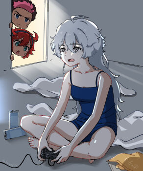 1boy 2girls :o ahoge akane_(akanene928) bare_shoulders barefoot black_hair blue_camisole blue_eyes blue_shorts breasts camisole can chips_(food) collarbone colored_bangs commentary_request controller crack_of_light dark-skinned_female dark-skinned_male dark_skin drink_can food frown game_controller grey_eyes grey_hair guel_jeturk gundam gundam_suisei_no_majo hair_between_eyes highres hikikomori holding holding_controller holding_game_controller indian_style long_hair loungewear medium_breasts messy_room miorine_rembran multiple_girls open_mouth pink_hair playing_games potato_chips red_hair shorts sitting suletta_mercury sweat toes very_long_hair wilted_ahoge