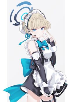 1girl apron back_bow bare_shoulders black_dress black_gloves blonde_hair blue_archive blue_bow blue_bowtie blue_eyes blue_halo bow bowtie closed_mouth commentary cowboy_shot dress elbow_gloves fingerless_gloves frilled_apron frills gloves grey_background halo hand_up highres looking_at_viewer maid maid_headdress outside_border pillarboxed sarasadou_dan short_hair simple_background sleeveless sleeveless_dress solo toki_(blue_archive) v white_apron