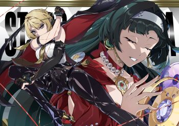 2girls absurdres arm_strap arm_up astra_yao bare_shoulders black_gloves black_hair black_pants blonde_hair breasts cd chest_harness closed_eyes collarbone commentary commentary_request covered_mouth earrings elbow_gloves english_commentary english_text evelyn_chevalier gloves hair_intakes hairband half_gloves hand_up harness high-waist_pants highres jewelry large_breasts latex_pants leg_up long_hair long_ribbon looking_at_viewer microphone mixed-language_commentary multiple_girls necklace necktie pants parted_lips pearl_necklace purple_eyes red_shrug see-through_clothes shirt shrug_(clothing) single_elbow_glove single_half_glove thread tight_clothes tight_pants umimari uneven_bangs white_hairband white_shirt yellow_necktie zenless_zone_zero