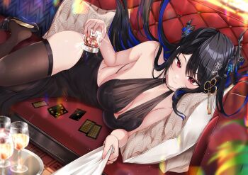 1girl alcohol alternate_costume asymmetrical_horns bare_shoulders black_dress black_hair blue_hair blush breasts colored_inner_hair commentary cup demon_horns dress glass hair_flowing_over hair_ornament hair_spread_out highres hololive hololive_english horns lacia_everlight large_breasts long_hair looking_at_viewer mole mole_under_eye multicolored_hair nerissa_ravencroft red_eyes smile solo symbol-only_commentary two-tone_hair uneven_horns very_long_hair virtual_youtuber