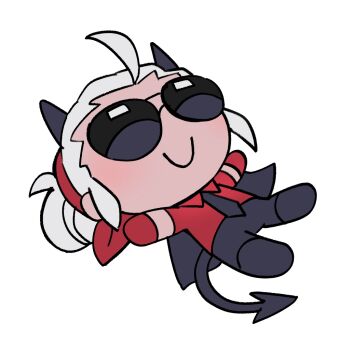 1girl ahoge black_horns black_jacket black_necktie black_pants black_tail chibi demon_girl demon_horns demon_tail gloves helltaker horns jacket jacket_on_shoulders justice_(helltaker) lying necktie noah_(tettsui-sole) on_back pants ponytail red_gloves red_shirt shirt smile sunglasses tail white_background white_hair