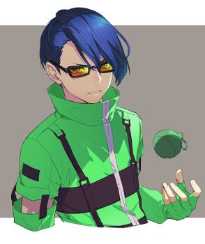 Rule 34 | 1boy, arm up, asymmetrical hair, black-framed eyewear, blue hair, coat, collared coat, cropped torso, dark blue hair, detached sleeves, explosive, eyes visible through eyewear, fingerless gloves, gloves, green coat, green gloves, grenade, high collar, isa (peien516), long sleeves, looking at viewer, male focus, parted lips, persona, persona 3, rectangular eyewear, shirato jin, solo, tinted eyewear, upper body, v-shaped eyebrows, yellow-tinted eyewear