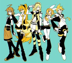 Rule 34 | 2boys, 3girls, ahoge, akita neru, alternate eye color, antenna hair, black collar, black footwear, black hairband, black shorts, black skirt, blonde hair, blue background, boots, bow, bridal gauntlets, character request, collar, color connection, colored tongue, cropped shirt, detached sleeves, elbow gloves, flapper shirt, floating hair, full body, gloves, grin, hair between eyes, hair bow, hair ornament, hairband, hairclip, hand on own chest, hand on own hip, headset, highres, kagamine len, kagamine rin, kiii 4590, knee boots, leg warmers, lily (vocaloid), lineup, long hair, looking at viewer, looking to the side, midriff, multiple boys, multiple girls, navel, neckerchief, necktie, number tattoo, pleated skirt, sailor collar, shirt, shoes, short hair, short shorts, short sleeves, shorts, shoulder tattoo, side ponytail, simple background, single bare shoulder, skirt, sleeveless, sleeveless shirt, smile, stomach, tattoo, thigh boots, tongue, tongue out, v-shaped eyebrows, very long hair, vocaloid, white skirt, yellow eyes, yellow nails, yellow neckerchief, yellow necktie, yellow shorts, yellow tongue
