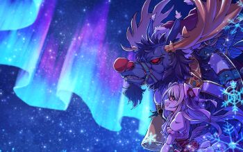 1girl aurora bad_id bad_pixiv_id chaos_marie_(grimms_notes) christmas corset frilled_sleeves frills grimms_notes hair_intakes hair_ribbon hat heart heart-shaped_pupils highres long_hair long_sidelocks looking_up pink_eyes profile puffy_sleeves red_corset red_eyes red_nose reindeer ribbon rudolph_the_red_nosed_reindeer_(grimms_notes) ruisuke santa_hat sharp_teeth shirt sidelocks snowflakes symbol-shaped_pupils teeth unfinished white_shirt wings