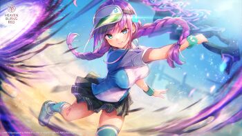 Rule 34 | 1girl, ahoge, aircraft, aqua eyes, aqua thighhighs, asymmetrical legwear, bandaid, bandaid on knee, bandaid on leg, black skirt, blue shirt, blue sky, blunt bangs, blush, braid, breasts, closed mouth, clothes lift, clover hair ornament, commentary, copyright name, copyright notice, date akari, day, english commentary, fighting stance, floating hair, foot out of frame, glint, gluteal fold, hair ornament, heaven burns red, helicopter, highres, holding, holding weapon, huge ahoge, incoming attack, large breasts, leaning forward, long hair, looking at viewer, miniskirt, mismatched legwear, multicolored hair, official art, official wallpaper, outdoors, pleated skirt, purple hair, purple streaks, serious, shirt, shoes, short sleeves, single thighhigh, skirt, skirt lift, sky, sneakers, solo, sportswear, standing, streaked hair, tennis uniform, thighhighs, thighs, twin braids, two-tone shirt, v-shaped eyebrows, very long hair, visor cap, weapon, white shirt, white shoes, wind, wind lift, wristband, zettai ryouiki