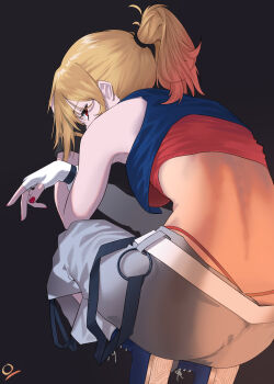 Rule 34 | asymmetrical sleeves, back, blonde hair, crop top, fingerless gloves, gloves, grey pants, highres, hololive, hololive indonesia, kaela kovalskia, ocetee, pants, ponytail, red eyes, red nails, virtual youtuber