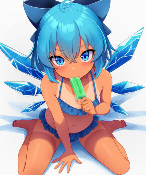 Rule 34 | 1girl, ahoge, alternate costume, arm support, armpit crease, barefoot, between legs, bikini, blue bikini, blue bow, blue eyes, blue hair, blush, bow, breasts, cirno, closed mouth, collarbone, commentary request, crossed bangs, food, food in mouth, full body, hair between eyes, hair bow, halterneck, hand between legs, hand up, highres, holding, holding food, holding popsicle, huge bow, ice, ice wings, kisaragi koushi, looking at viewer, medium hair, melting popsicle, navel, popsicle, popsicle in mouth, simple background, sitting, small breasts, solo, swimsuit, tan, tanline, tanned cirno, thighs, toes, touhou, tsurime, upturned eyes, v-shaped eyebrows, wariza, white background, wings